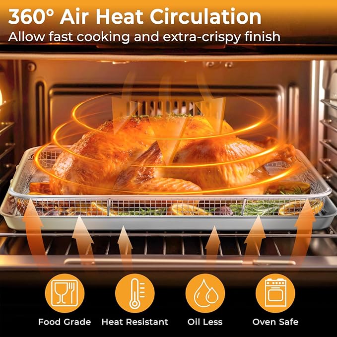 P&P CHEF 16 Inch Baking Cookie Sheet with Rack, 15.4 Inch Air Fryer Basket for Oven, Stackable Rack & 36 Skewers for Cooling, Baking, Roasting, Multifunctional and Utility Set for Kitchen