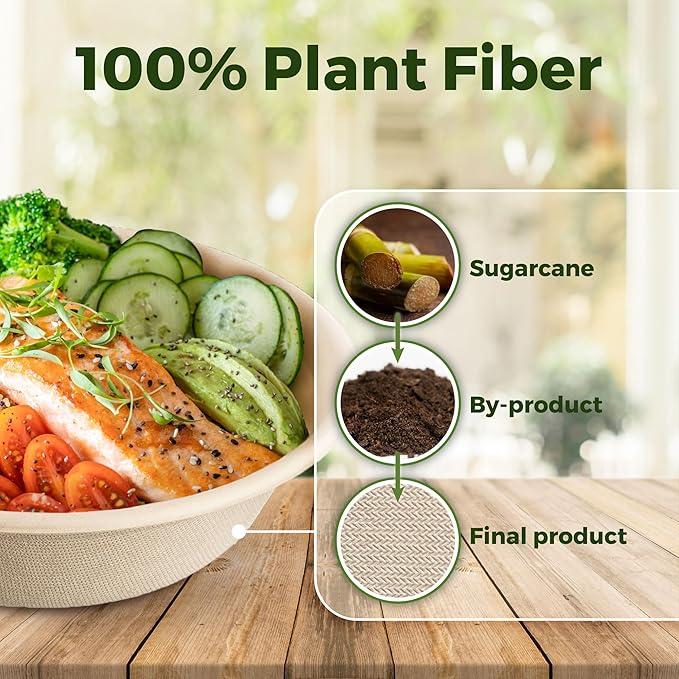 [500 COUNT]Harvest Pack PFAS FREE 32oz Round Paper Bowls, Compostable Heavy-Duty Eco-Friendly Disposable Bagasse Large Soup Bowls, sugarcane made for Meal Prep Takeout Dinnerware, Microwave Safe