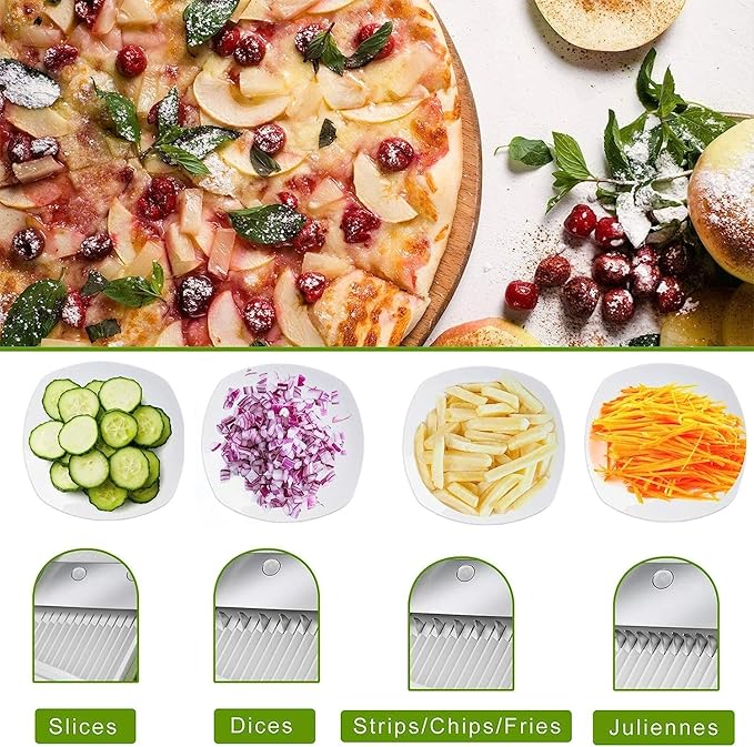 ONCE FOR ALL Safe Mandoline Slicer, Multi Vegetable Chopper, Potato Slicer for Kitchen, 4 Modes 100+ Presets Adjustable Thickness, French Fry Cutter (5 in 1 Green)