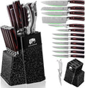 FULLHI 14pcs Block Knife Set, Chef's Knife Steak Knives Set with Block and Sharpener, Kitchen Knife Set, Multi-colour Handle, Gifts for Men Women