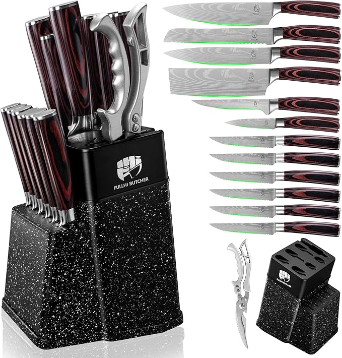 FULLHI 14pcs Block Knife Set, Chef's Knife Steak Knives Set with Block and Sharpener, Kitchen Knife Set, Multi-colour Handle, Gifts for Men Women