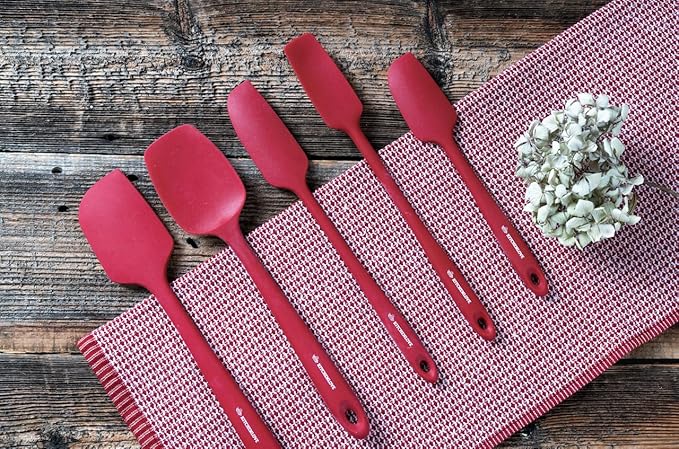 KITCHENLOVE Premium 600°F Heat Resistant 5 Piece Silicone Spatula Set for Baking, Cooking, Mixing - Non-Stick with High Grade S-Iron Steel Core - One Piece Seamless Design - BPA Free (Red)