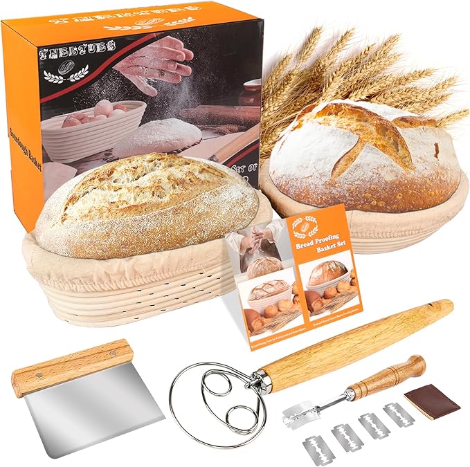 TNELTUEB Bread Proofing Basket Set, Incl 10'' Round & 9.6'' Oval Rattan Banneton, Dough Whisk, Scraper, Lame, Linen - Natural