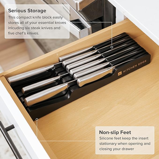KitchenEdge Black Knife Drawer Organizer Insert - Knife Block Holder, Holds 5 Long + 6 Short Knives (Not Included), Fits Most Sizes, Non-Slip Feet, 100% Sustainable Bamboo, Food-Safe Black Finish