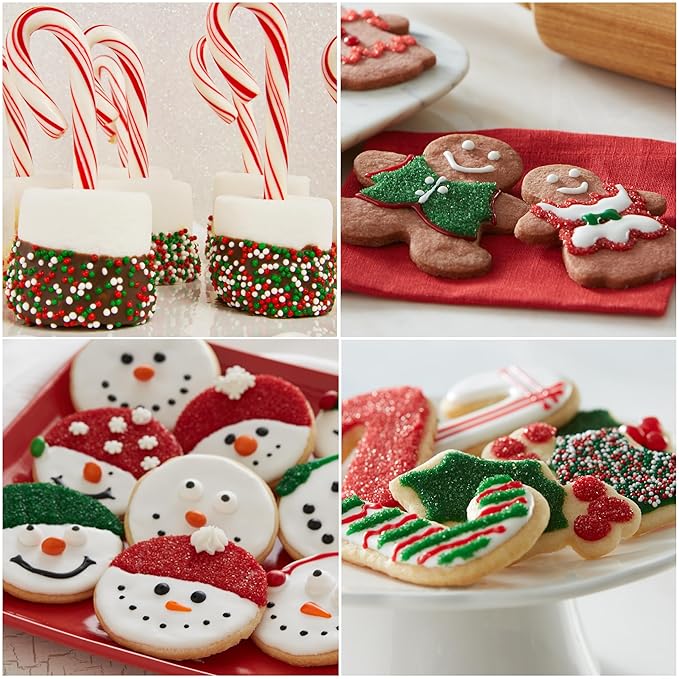 Cake Mate Christmas Decorating Kit – Red & Green Decorating Sugar (2.25 oz), White, Red & Green Cookie Icing Pouches (7 oz), Jingle Mix Non Pareil (2.1 oz) – Holiday Cookie, Cake, Cupcake & Dessert
