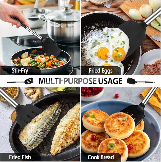 2 Pack Silicone Spatulas Turners, Stainless Steel Cooking Utensils BPA Free,Heat Resistant,Non Stick,Rubber Spatulas for Fish, Eggs, Pancakes, WOK, Black