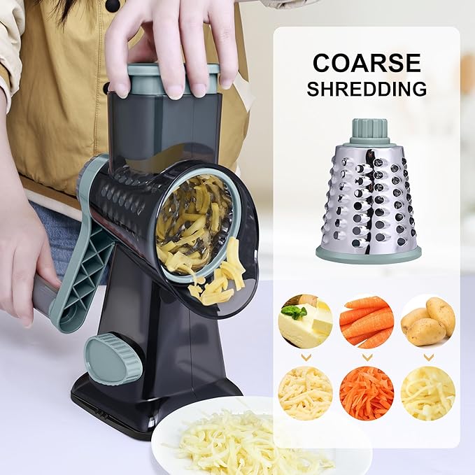 Kaishun Cheese Grater Rotary Grater Sredder Stainless Steel with Vacuum Suction Base Madonline Multi Functional Kitchen Tool Perfect for Easy Shredding and Slicing ((Clear) BlackCyan)