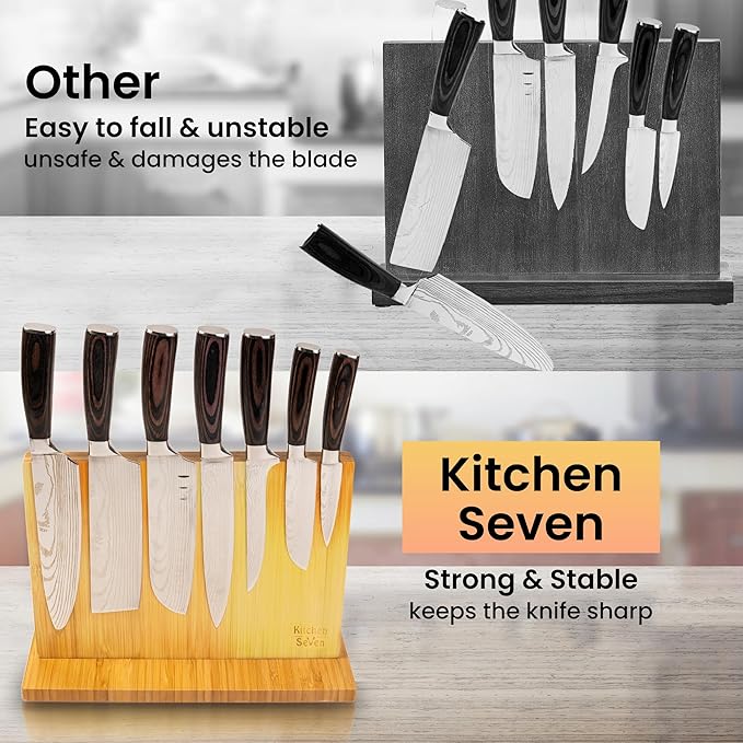 Knife Block Magnetic Knife Holder with Powerful Magnet, 100% Pure Bamboo Large Capacity Knife Organizer Block, Double Side Strongly Magnetic Kitchen Utensil Display (Stand)