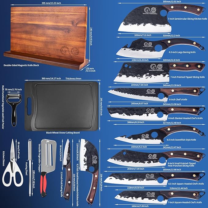 XYJ Knife Block Set, High Carbon Steel Blades, Kitchen Knives Set with Block, Cutting Board, Sharpening Steel, Scissors, Gloves, Mini Knife, Towel, Full Tang Knives, Pakkawood Handle