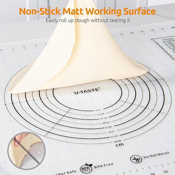 U-Taste 28"x20" Large Pastry Mat: Food-Grade Liquid Silicone Dough Rolling Baking Sheet, Non-Stick Non-Slip for Kneading, Making Pizza, Fondant with Clear Measurement and Raised Edges (Transparent)