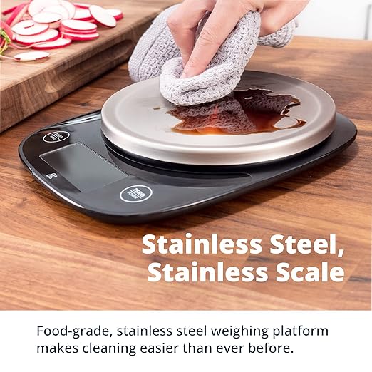 Greater Goods Digital Food Scale with Bowl, 11lb to 5kg Capacity, Grams and Ounces, Tare Function, 4 Units for Baking, Meal Prep, Weight Loss, Stainless Steel