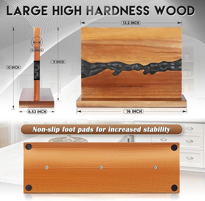 MEN WITH THE POT Magnetic Knife Holder 13 x 10 Inches, Multifunctional Double Sided Magnetic Knife Block Rack, Wood & Black Epoxy Universal Magnetic Knife Storage Stand for Kitchen Counter