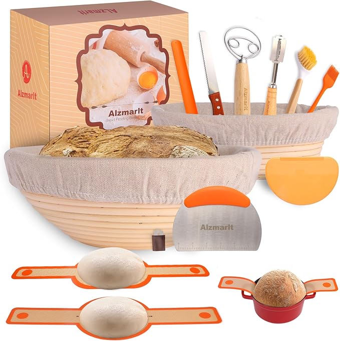 9-Inch Round & 10-Oval Bread Banneton Proofing Basket - Set of 2, Sourdough Baking Supplies with Bread Knife & Silicone Sling