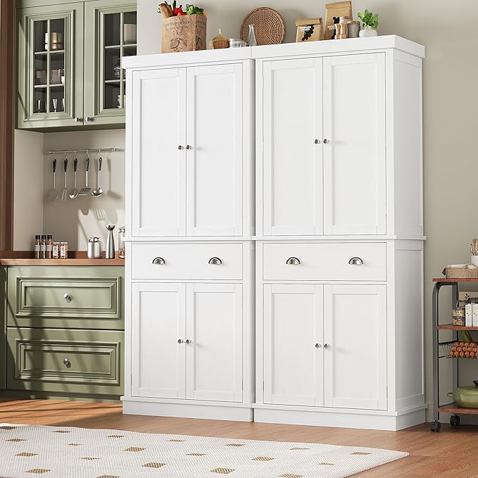 FOTOSOK 72 Kitchen Pantry Storage Cabinets with Drawer, Freestanding Cupboard with 4 Doors, Drawer, 4 Shelves, Utility Pantry Cabinet for Kitchen, Dining Room, Living Room, White HPB-209