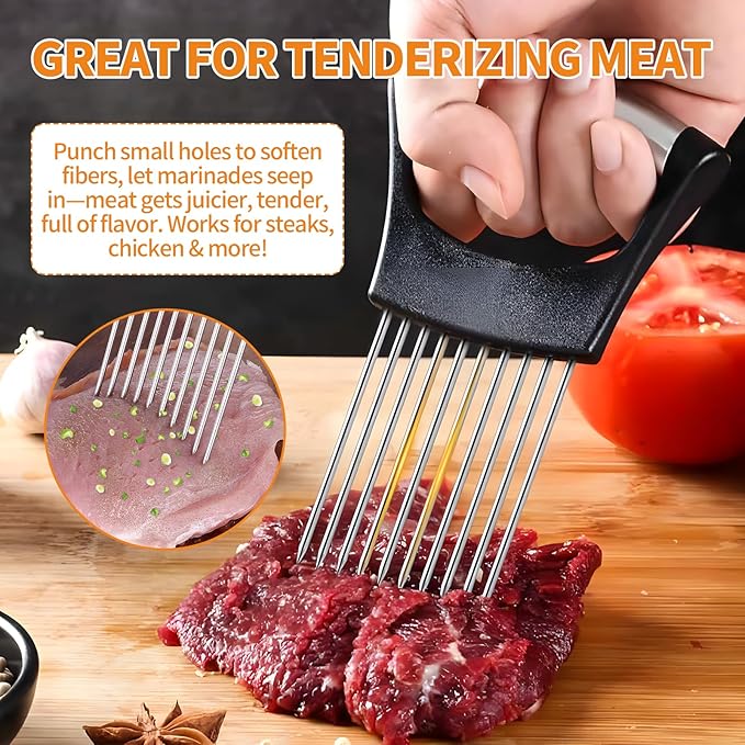1PC Onion Holder for Slicing, Upgraded Stainless Steel Onion Slicer Holder with Ergonomic Handle, Tomato Cutter, Vegetable Slicing Tool, Meat Tenderizer, Kitchen Food Cutting Gadget