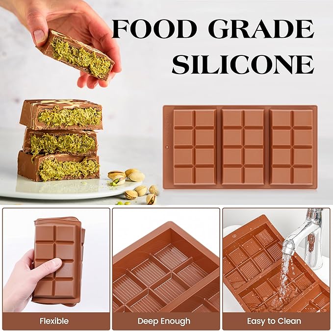 1 Pc Chocolate Bar Mold Deep Dubai 0.85 Inch Stuffed Large Chocolate Molds Silicone Break Apart Thick Silicone Molds for Candy Bar (8 Snap）