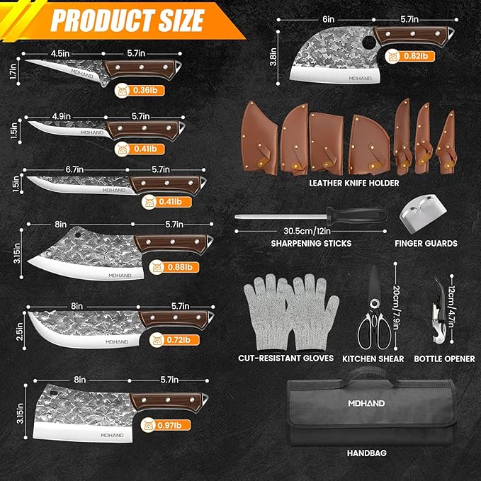 MDHAND 14PCS Professional Butcher Knife Set with Roll Bag, Heavy Duty Meat Cleaver, Boning Knife, Viking Knives, Hand Forged Chef Knife Set, Meat Cutting Knife for Kitchen, Gift for Men, BBQ, Camping