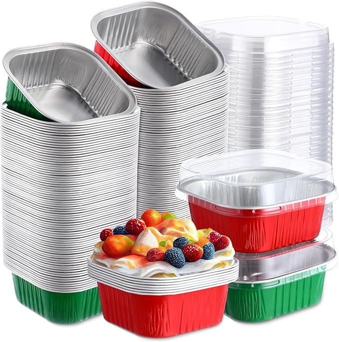 Aoriher 150 Pieces 10 oz Mini Cake Pans with Lids Aluminum Foil Baking Cups Square Disposable 4 x 4 Large Cupcake Cups Baking Tins for Kitchen Brownie Pudding Desserts Holder(Red,Christmas Green)