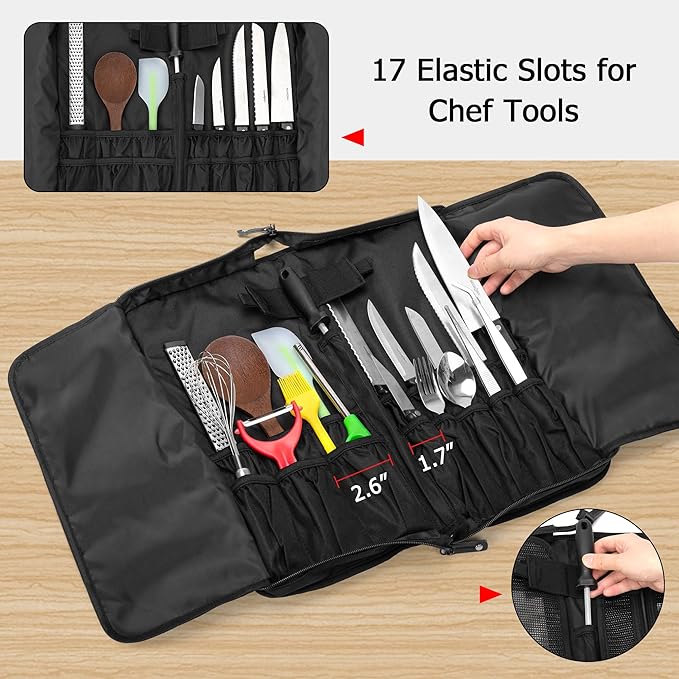 samdew Chef Knife Bag with Lockhole & 17 + 6 Slots, Chef Bag for Knife Storage, Travel Knife Roll for Professional Chefs, Knife Carrying Case Knife Carrier for Kitchen Utensils, Bag Only