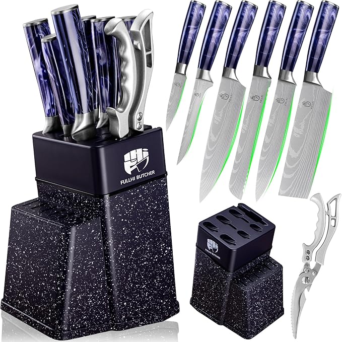 FULLHI 8pcs block Knife Set,chef's Knves Set with Block and Sharpener, Kitchen Knife Set,Multi-colour Handle, Gifts for Men Women