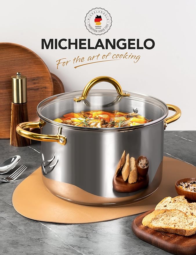 MICHELANGELO Stainless Steel Stock Pots - 8 Quart Pot with Lid, Soup Pot Induction Compatible, Cooking Pots with Riveted Handle, Oven & Dishwasher Safe