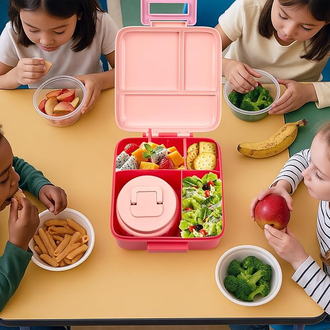 Bento Lunch Box for Kids with 8oz Soup Thermo Leak-Proof Lunch Food Containers with Snack Sauce Container for Kid Girls Boys to School (Pink Mermaid)