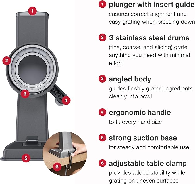 Zyliss Rotary Cheese Grater, Aluminium, 3 Steel Drum Blades, Cheese, Vegetable, Chocolate, Nut, Fruit Grater with Handle, Non-Slip Suction Foot and Table Clamp, 5 Year Guarantee