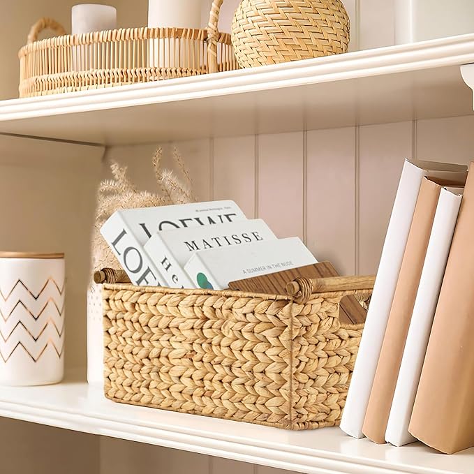 Greenatural Water Hyacinth Storage Baskets Set of 3, Handwoven Rectangular Organizer with Wooden Handles, 3 Different Sizes, Nested Wicker Bins for Shelf, Bathroom, Kitchen, Office, Natural Home Decor