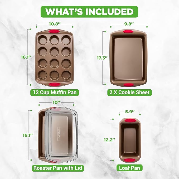 NutriChef 6-Piece Bakeware Set - Carbon Steel Stackable Bakeware with Red Silicone Handles & Nonstick Coating, Includes Cookie Sheets, Roaster Pan with Lid, Loaf, and 12 Cup Muffin Pan (Gold)