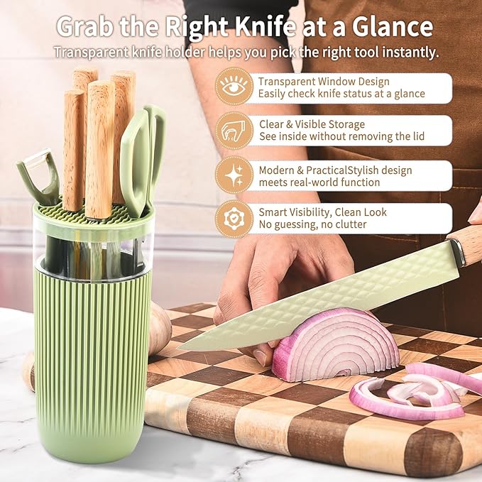 Knife Set, 7-Piece Kitchen Knife Set with Sharp Chef and Meat Knives, Anti-Rust Utility Knives Set for Kitchen, Kitchen Knife Block Set （Green）
