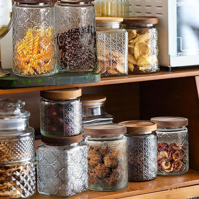 24 OZ/4 PCS Glass Storage Jar with Airtight Bamboo Wooden Lids, Vintage Food Containers Canisters Sets for Kitchen Counter Pantry, Sugar, Flour, Candy, Tea, Coffee Beans, Oats, Grain Bin, Pasta,