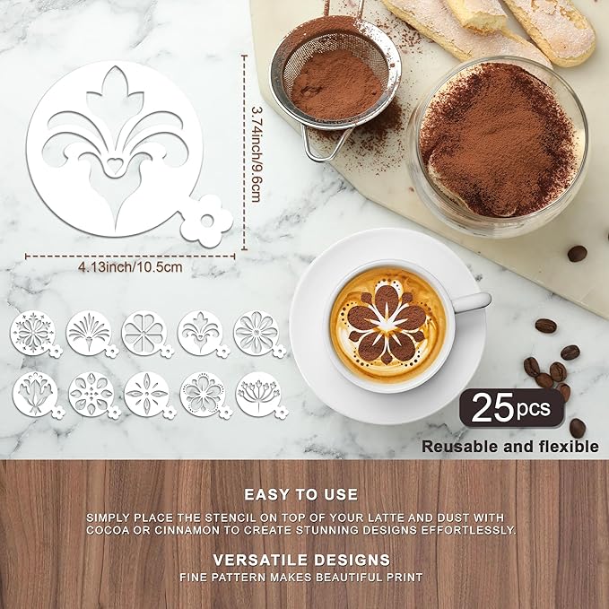 Mandala Flower Coffee Stencils - 25 Pcs Stencils for Cookies Sourdough Bread Decor, Reuable Template for Crafts Floral Design