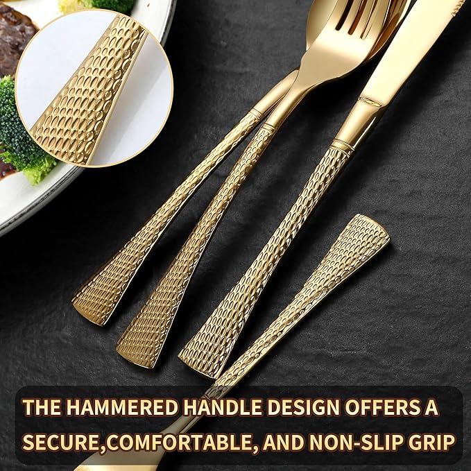 Lemeya Hammered Gold Silverware Set,20 Piece Modern Flatware Set Service for 4,Mirror Polished Stainless Steel Cutlery Set Utensil Set Tableware Set,Kitchen Knives Forks Spoons Set,Dishwasher Safe