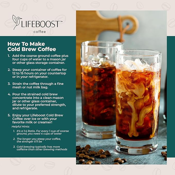 Lifeboost Low Acid Cold Brew Coffee – Organic Coarse Ground Medium Roast for Cold Brew – Single Origin, Non-GMO, 3rd Party Tested for Mycotoxins & Pesticides, USDA Organic – Smooth & Bold Flavor – 12 oz Bag
