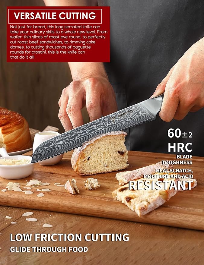 8 inch Bread Knife Serrated Kitchen Chef Knife - Damascus Steel & Resin Handle - Xuan Series (Starry Black)