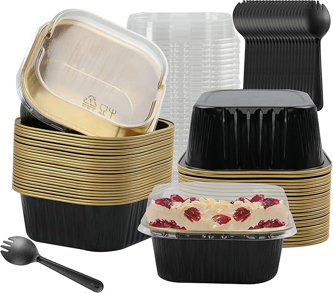 Foil Baking Cups, 30pcs 10oz Mini Cake Pans With Lids Cake Cups Aluminum Pans Disposable Ramekins With Lids Mini Cake Pans, Black Gold, HG01AP300BKX30