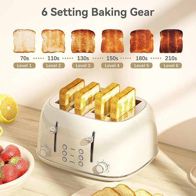 Toaster 4 Slice, Retro Stainless with 6 Bread Shade Settings,1.5''Wide Slots Toaster with Cancel/Defrost/Reheat Functions,Dual Independent Control Panel, Removal Crumb Tray (Cream)