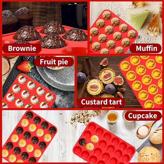 24 Cups Cupcake Pan,Mini Silicone Muffin Pan,Nonstick Food Grade Silicone Baking Cups,Great for Making Muffin Cakes, Tart, Bread - 2 PCS