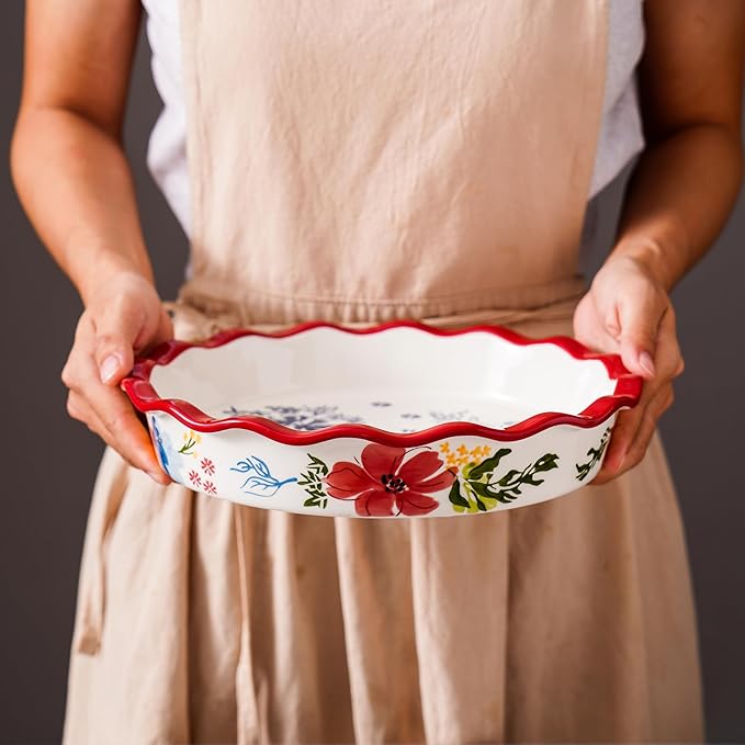 Pie Pan Ceramic Pie Plate, 9 inch Deep Dish Pie Pans, Nonstick Pie Pans for Baking, Red Floral Pie Dish For Kitchen