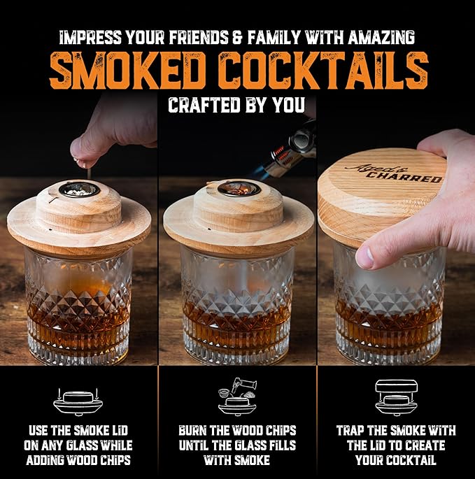 Whiskey Smoker Kit with Torch and Butane - 8 Flavors Wood Chips, 100% USA Oak Smoker, High-End Set - Cocktail Smoker Kit for Drinks - Old Fashioned Bourbon Smoker Gift Set for Men