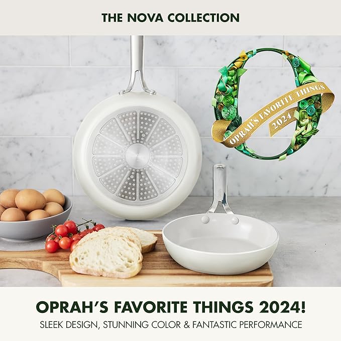 GreenPan Nova 8” & 10” 2 Piece Frying Pan Skillet Set, Oprah’s Favorite Things 2024, Induction Suitable PFAS-Free Nontoxic Ceramic Nonstick, Dishwasher & Oven Safe, Quick Even Heating, Cream White