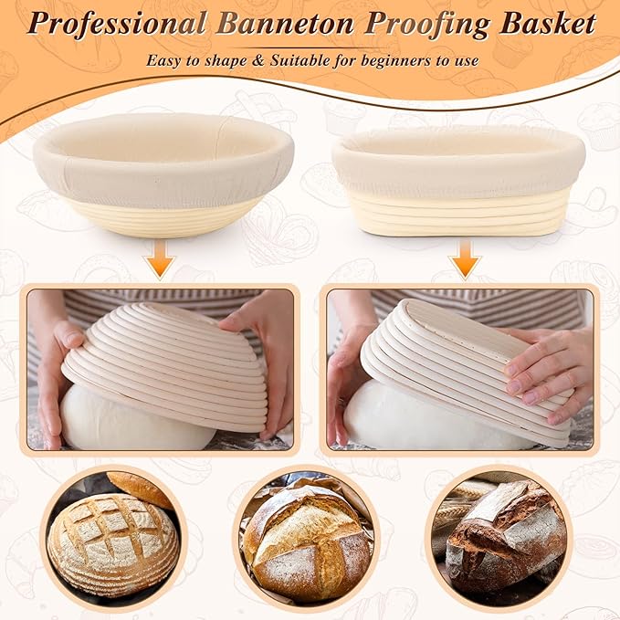 Banneton Basket Set of 2, 10" Oval & 9.7" Round Banneton Bread Proofing Basket with Liners, Bread Lame, Silicone Baking Mat, Danish Whisk, Brush, Proofing Bowls Sourdough Starter Kit Tools