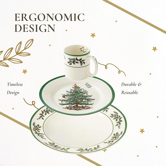 Spode Christmas Tree 12-Piece Dinnerware Set (Service for 4) - Festive Holiday Tableware with Plates & Mugs - Fine Earthenware Christmas Dinnerware - Microwave & Dishwasher Safe