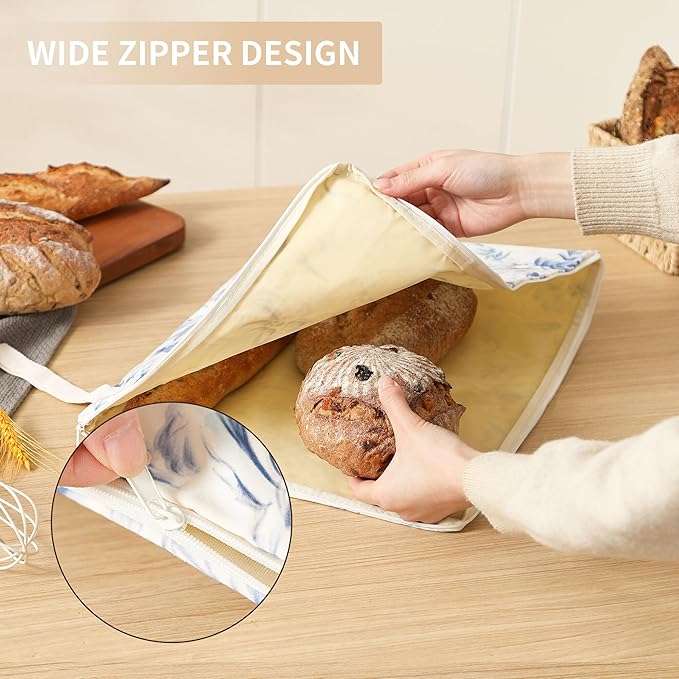 Wide Zipper Access Cotton &Beeswax Bags for Homemade Bread 2 Pack XL Reusable Beeswax Bread Bags for Homemade Bread Freezer Organic Cotton Food Storage Bags to Keep Fresh