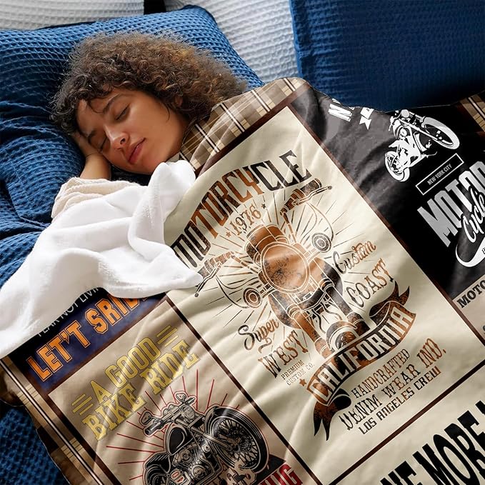 Motorcycle Throw Blanket Gift for Men – Vintage Biker Decor for Man Cave, Garage, Bedroom & Living Room, Chopper Style Sofa Bed Accent, Motorcycle Lovers & Riders, 50'' x 60''