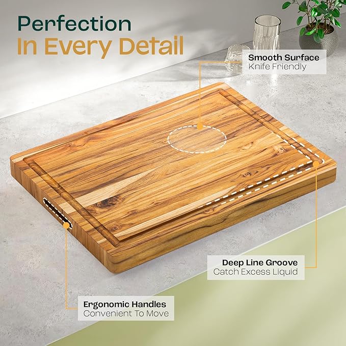 Yes4All Solid Teak Cutting Boards for Kitchen, [17''L x 13''W x 1.5” Thick] Medium Edge Grain Butcher Block Cutting Board, Food Safe Surface Wood Cutting Boards with Juice Grooves and Easy Grip Handle