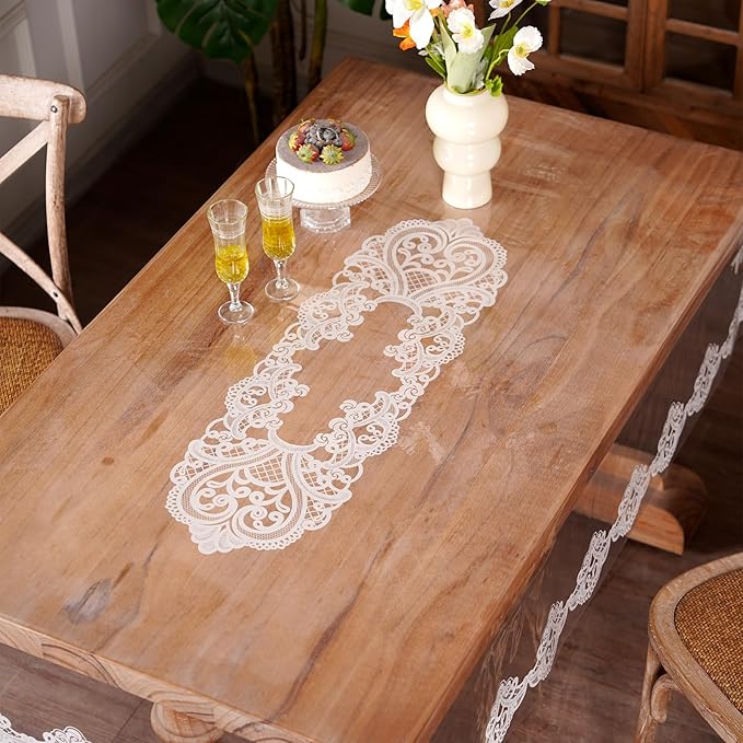 Clear Table Cover Protector Vinyl Table Cloth Rectangle Oil Spill Proof Vintage Rustic Plastic Table Covers for Dining Tables (White Lace, 60 x 104 Inches)