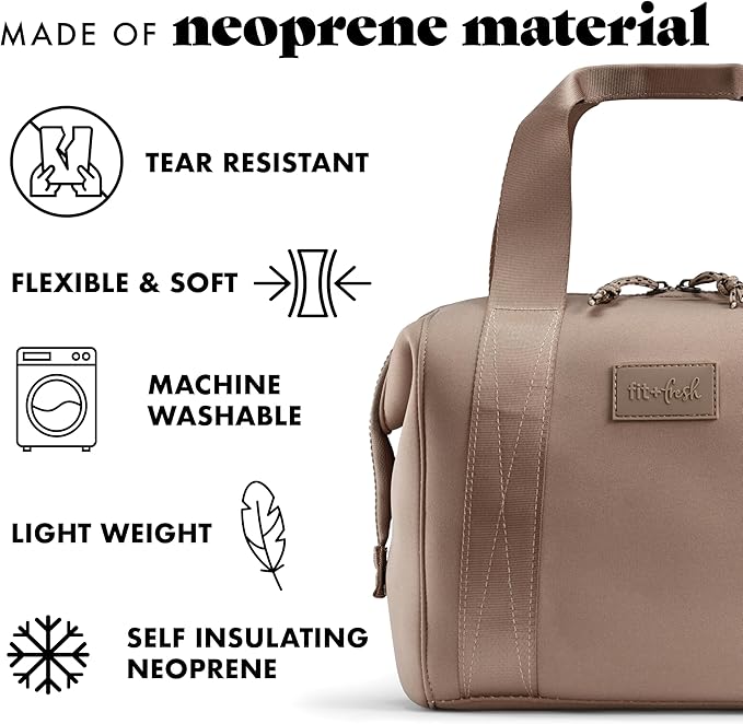 Fit & Fresh Remi Neoprene Lunch Bag For Women - Meal Prep Kit with Containers & XL Ice Pack, Self Insulating Neoprene-like Material, Machine Washable Lunch Bag, Tear-Resistant, Stain-Resistant, Taupe