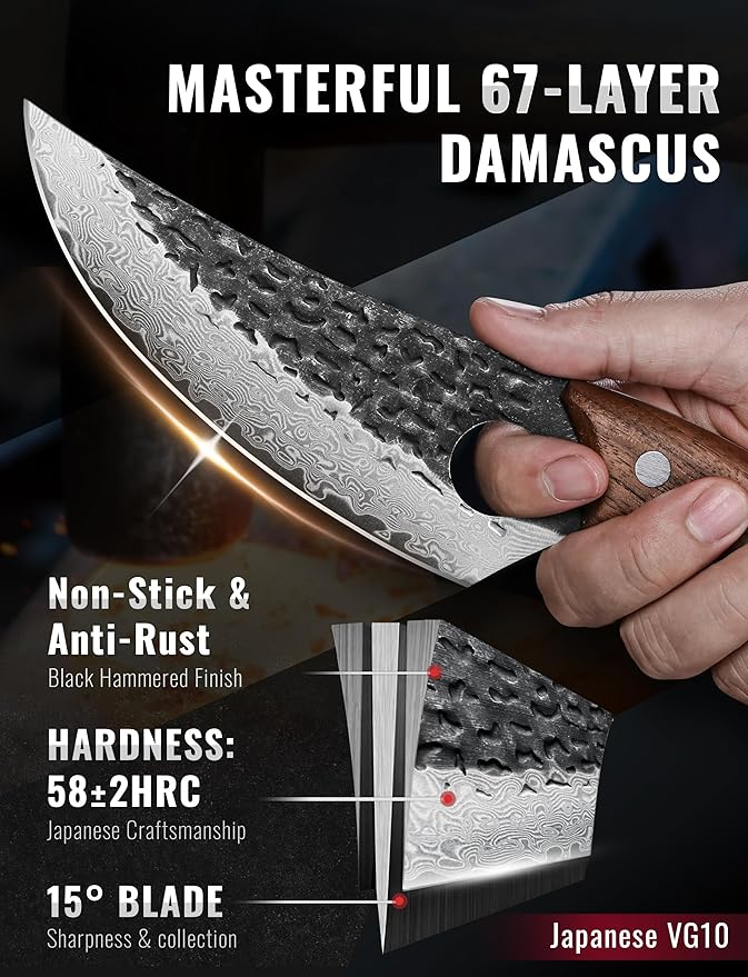 Emojoy Damascus Chef Knife, 67-Layer Damascus Steel Kitchen Knife with Black Hammered Finish, Japanese Knives for Home, Outdoor Cooking, BBQ, Include Gift Box, 6.3 Inch