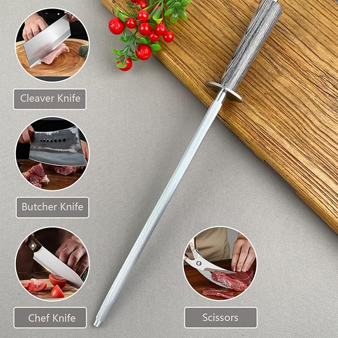 Professional Honing Rod -12 inch High Carbon Steel Knife Sharpener Rod Colorful Color Wood Handle,Sharpening Rod Belt Magnetization,Honing Steel Quick Sharpening,Chef's Sharpening Tool